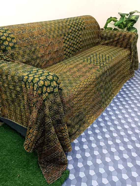 Ajrakh Print Floral Kantha Quilt Handmade Cotton Kantha Quilt HandBlock Print Bedding Bedspreads Block Print Light Weight Full Size Quilt