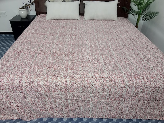 HandBlock Print Bedding Floral Kantha Quilt Handmade Cotton Kantha Quilt Block Print Light Weight Full Size Bedding Bedspread