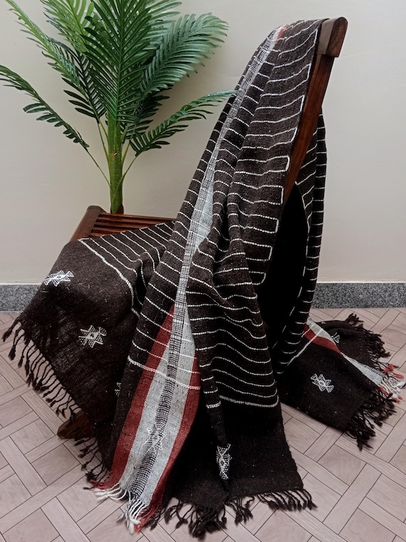 Dark Brown Indian Handmade Wool Throw Blanket | Bhujodi Blanket | Wool Blanket in Handwoven Wool Throw Blanket Cottage Living Room Décor
