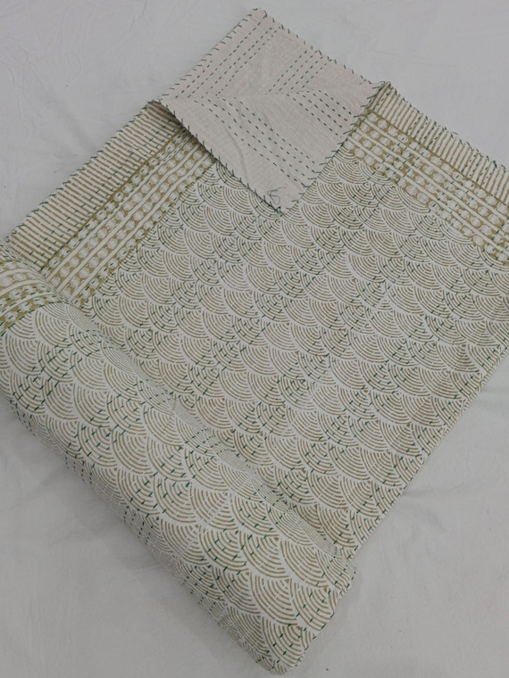 Floral Kantha Quilt Handmade Cotton Kantha Quilt HandBlock Print Bedding Block Print Light Weight Full Size Bedding Bedspread