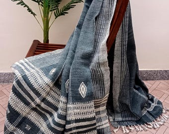 Handwoven Bhujodi Wool Throw Blanket: Teal Green -Blue Indian Decor