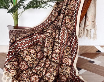 Traditional Floral Cotton Throw Blanket Handcrafted Block Print Design Rustic Boho Bed or Sofa Throw with Tassel Fringe