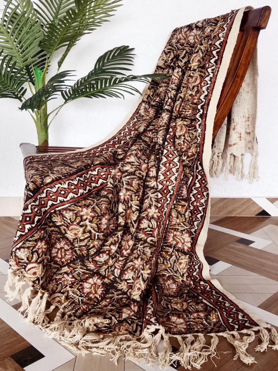 Traditional Floral Cotton Throw Blanket Handcrafted Block Print Design Rustic Boho Bed or Sofa Throw with Tassel Fringe