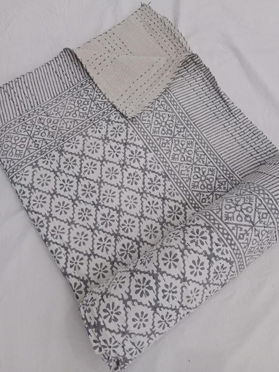 Floral Kantha Quilt Handmade Cotton Kantha Quilt HandBlock Print Bedding Block Print Light Weight Full Size Bedding Bedspread