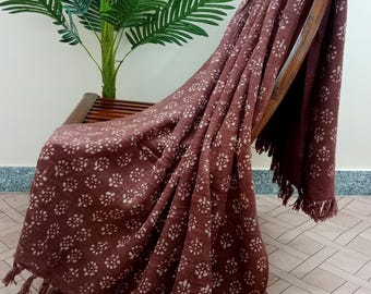 Indian Handmade Soft Cotton Throws Blankets, Hand Loom Hand Block Printed Bed Runner Boho Cotton Fringed Blanket Beach Throw.