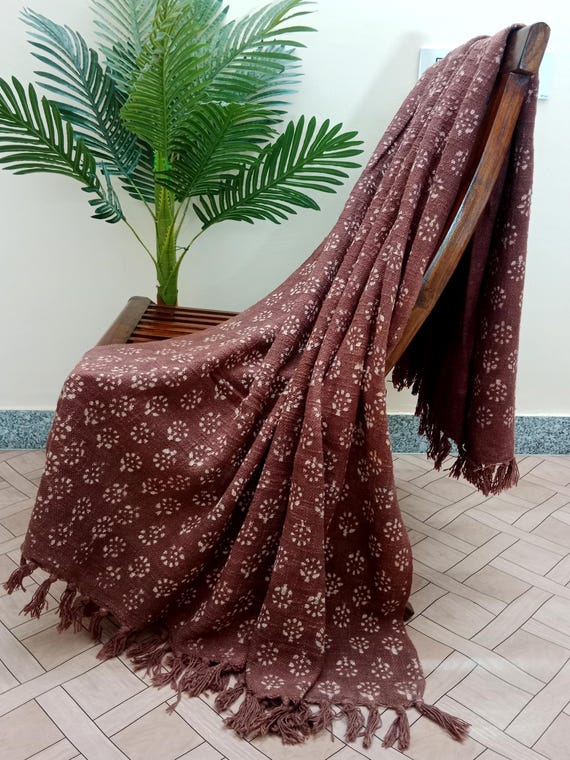 Indian Handmade Soft Cotton Throws Blankets, Hand Loom Hand Block Printed Bed Runner Boho Cotton Fringed Blanket Beach Throw.