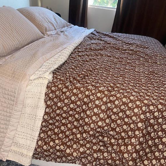 Brown Kantha Quilt Handmade Kantha Quilt - Indian Block Print Bedding Cozy Throw Blanket Ideal for Mother’s Day Gift or Bedroom Makeover