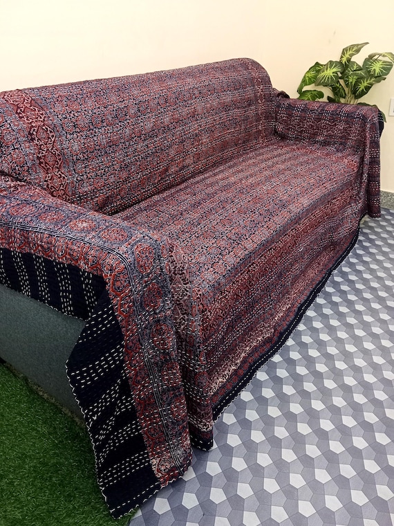 Ajrak Print Floral Kantha Quilt Handmade Cotton Kantha Quilt HandBlock Print Bedding Bedspreads Block Print Quilted Light Weight Full Size