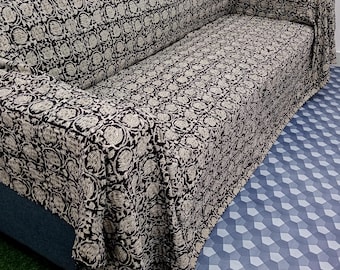 Hand Block Floral Cotton Kantha Quilt, Natural Colors Bedspread, Hand Stitched Throw Blanket