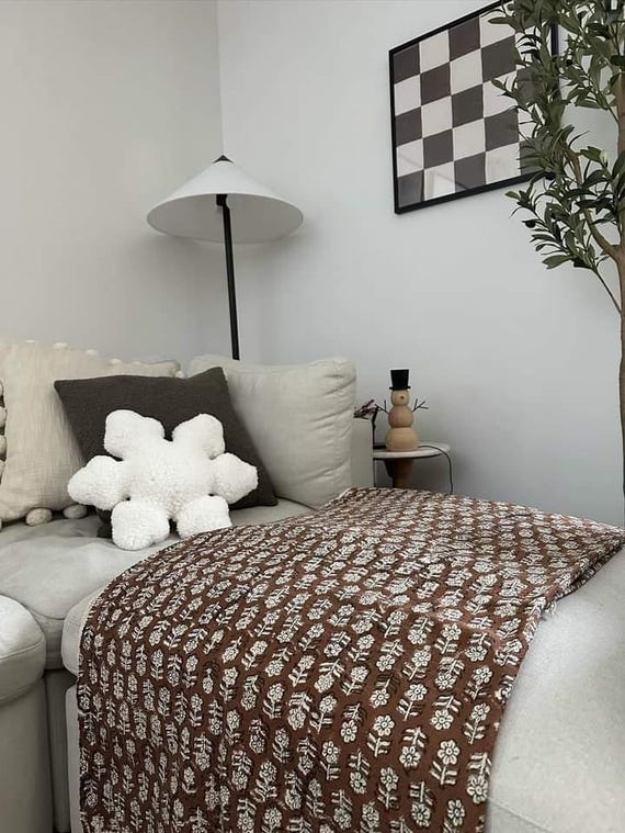Vintage inspired Home Décor Throw,  Handmade Throw Hand Block Print Throw Cotton Throw Blanket Tassels Hand Loomed Block Print Sofa Throw.