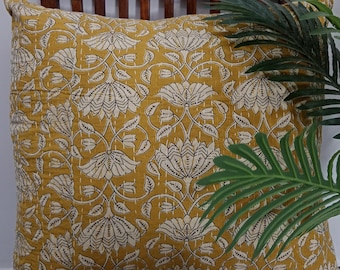 Handmade Kantha Cushion-Pillow Cover, Floral Block Print Cotton Cushion