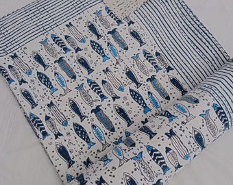 Fish Kantha Quilt  Indian Block Fish Print Bedding Cozy Throw Blanket Gift or Bedroom Makeover Fish quilt kantha