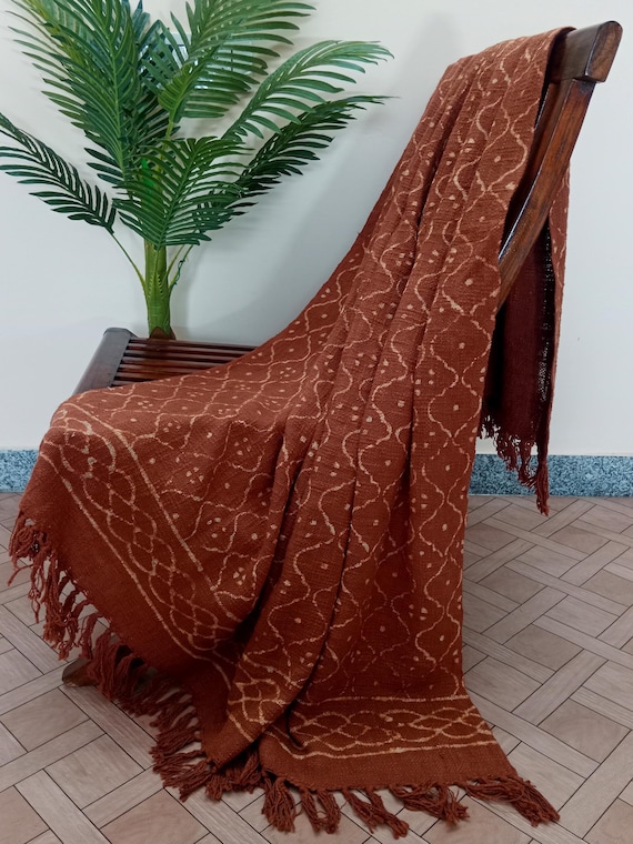Indian Handmade Soft Cotton Throws Blankets, Hand Loom Hand Block Printed Bed Runner Boho Cotton Fringed Blanket Beach Throw.