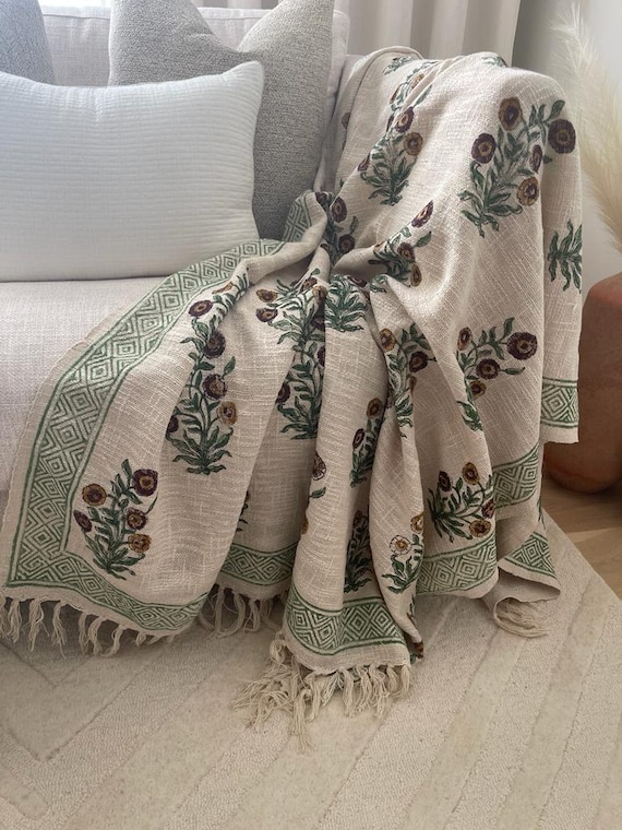 Handmade Cotton blanket and throws for bedroom, Hand block printed throw blanket, Floral throw blanket, Unique holiday gift for mom.