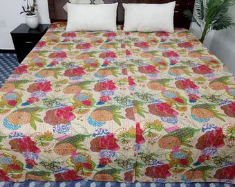 HandBlock Print Bedding Floral Kantha Quilt Handmade Cotton Kantha Quilt Block Print Light Weight Full Size Bedding Bedspread