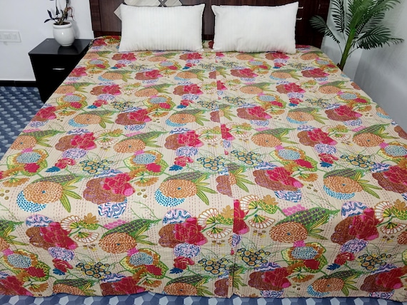 HandBlock Print Bedding Floral Kantha Quilt Handmade Cotton Kantha Quilt Block Print Light Weight Full Size Bedding Bedspread