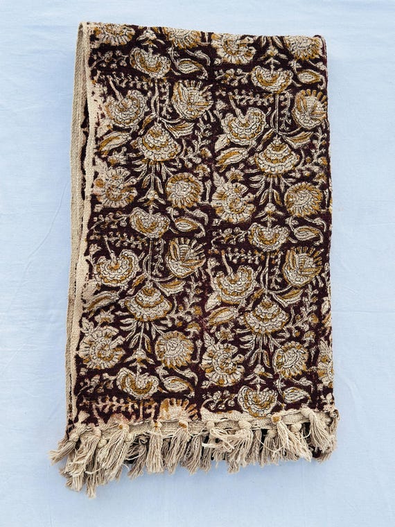 Handmade Cotton Throw Blanket – Mustard and Cream Floral on Burgundy tone – Boho Sofa and Bed Cover with Tassel