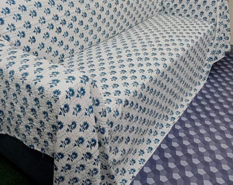 Floral Kantha Quilt: Handmade Block Print Cotton Bedspread