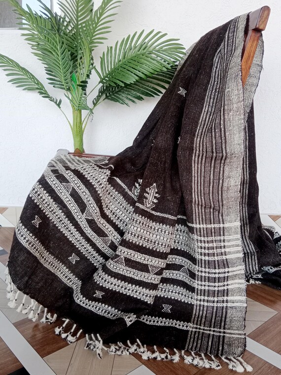 Cozy Vintage Handwoven Accent for Cottage or Rustic Home |  Decor Handmade Bhujodi Wool Throw Blanket | Indian Wool Throw for Sofa or Bed