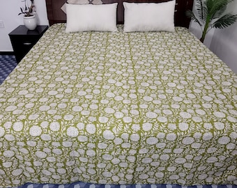 HandBlock Print Bedding Floral Kantha Quilt Handmade Cotton Kantha Quilt Block Print Light Weight Full Size Bedding Bedspread