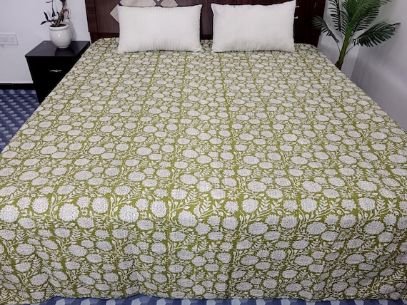 HandBlock Print Bedding Floral Kantha Quilt Handmade Cotton Kantha Quilt Block Print Light Weight Full Size Bedding Bedspread