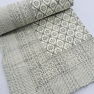 Grey Floral Kantha Quilt Handmade Cotton Kantha Quilt Hand Block Print Bedding Bedspreads Block Print Floral Quilted Light Weight Full Size