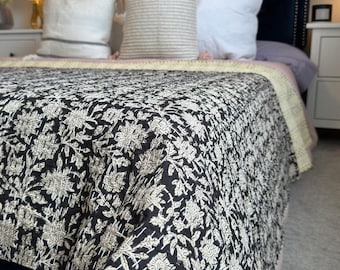 Jade Floral Homemade Kantha Quilt Cream flowers Design Handmade Kantha Quilted Bedding Bedspread Handblock Print Throw Blanket made by hand