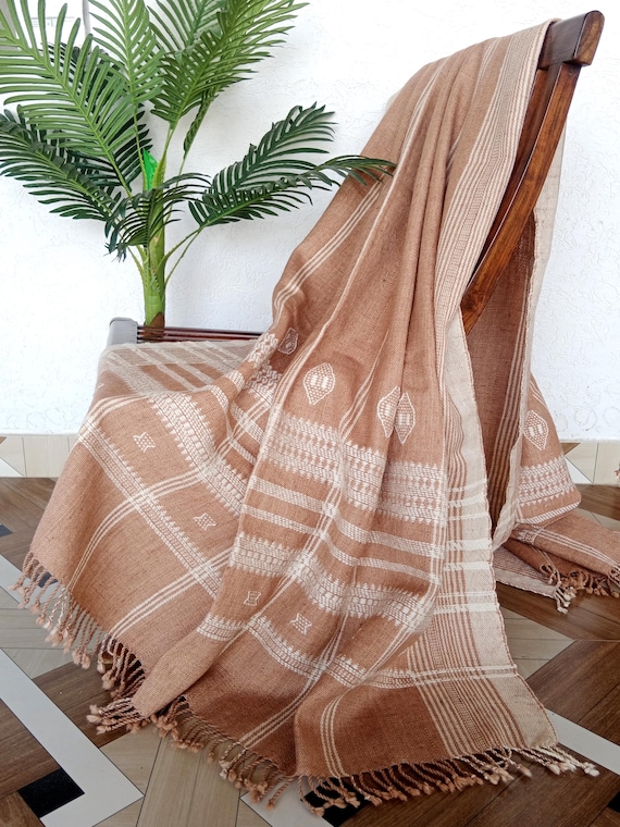 Handwoven Bhujodi Wool Throw Blanket: Indian Decor  Vintage Bohemian Style Winter Blanket for Sofa or Bed, Rustic Warm Handmade Decor Gift