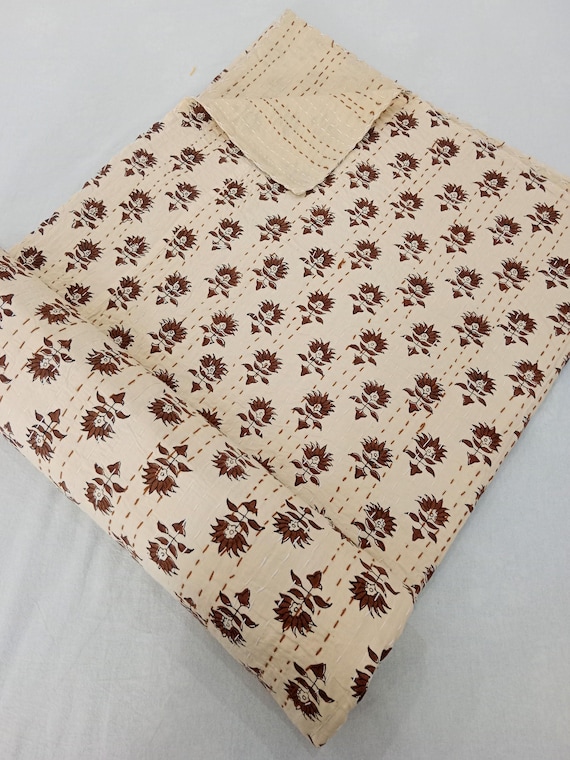 Floral Kantha Quilt Handmade Cotton Kantha Quilt HandBlock Print Bedding Block Print Light Weight Full Size Bedding Bedspread