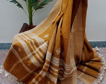 Handwoven Bhujodi Wool Throw Blanket | Teal & White Geometric Pompoms