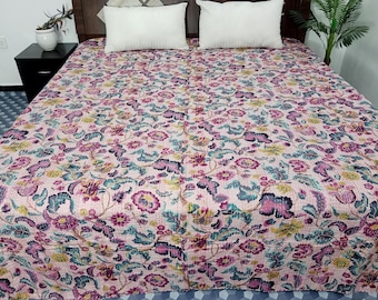 HandBlock Print Bedding Floral Kantha Quilt Handmade Cotton Kantha Quilt Block Print Light Weight Full Size Bedding Bedspread