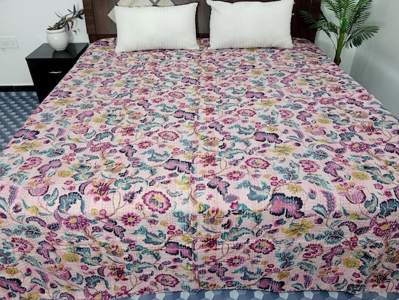 HandBlock Print Bedding Floral Kantha Quilt Handmade Cotton Kantha Quilt Block Print Light Weight Full Size Bedding Bedspread