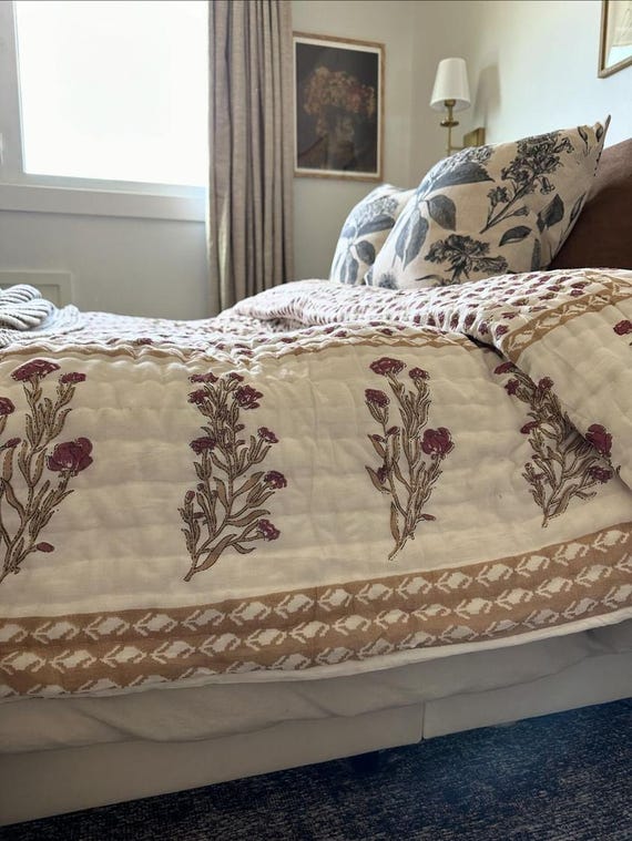 Handmade Kantha Floral Cotton Quilt  Reversible Quilt Soft Cotton Quilt Throw Bedspread Block Print Quilt Indian Cotton Quilting Indian