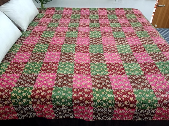 HandBlock Print Kantha Quilt Bedding Floral Handcrafted Cotton Bedspread Handmade Cotton Kantha Quilt Full Size Bedding Bedspread