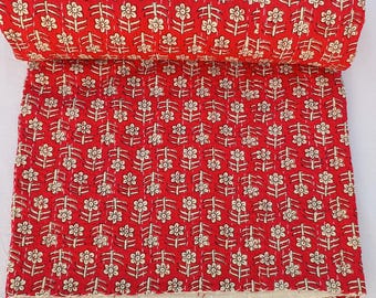 Red Cotton Kantha Quilt, Floral Design Handblocked Print Quilted Bedding Bedspread, Cozy Throw Blanket For Home Decor