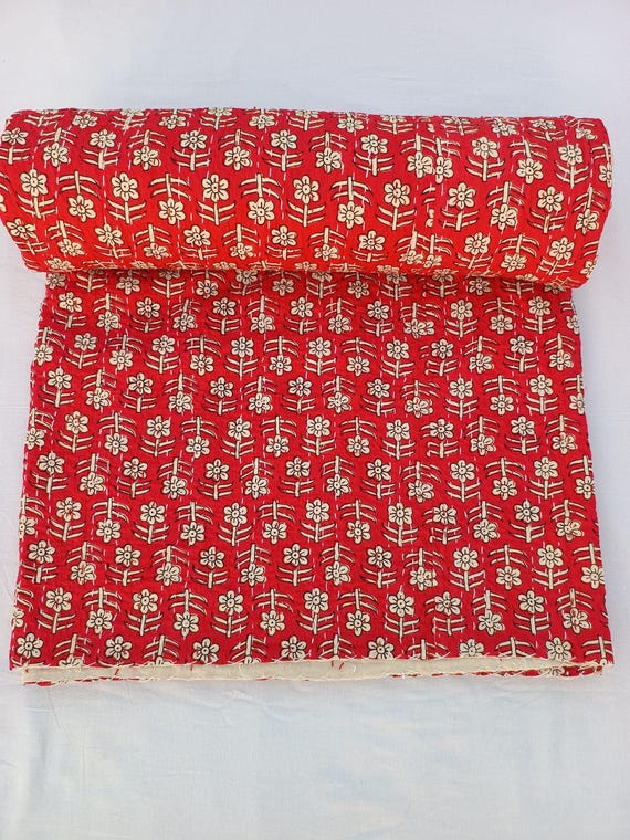 Luxury Mother's Day Gift: Red Kantha Quilt, Floral Design Handblocked Print Quilted Bedding Bedspread, Cozy Throw Blanket For Home Decor