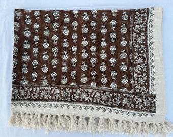Hand Block Print Cotton Throw Blanket, Brown Boho Indian Kantha Sofa Cover