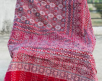 Floral Ajrakh Print Kantha Quilt Queen Size Handcrafted Cotton Throw for Cozy Bedspread with Vintage Charm - Perfect for Boho Bedroom Decor