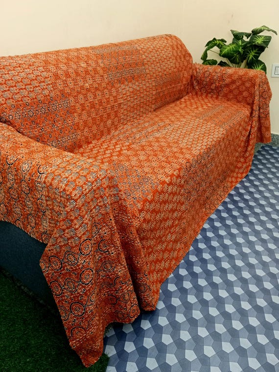 Ajrakh Print Floral Kantha Quilt Handmade Cotton Kantha Quilt HandBlock Print Bedding Bedspreads Block Print Light Weight Full Size Quilt