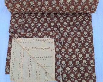 Brown Kantha Quilt Handmade Kantha Quilt - Indian Block Print Bedding Cozy Throw Blanket Ideal for Mother’s Day Gift or Bedroom Makeover