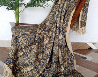 Rustic Blue and Golden Floral Cotton Throw Hand Block Print Blanket Cozy Bohemian Bedspread Indian Textile Decor