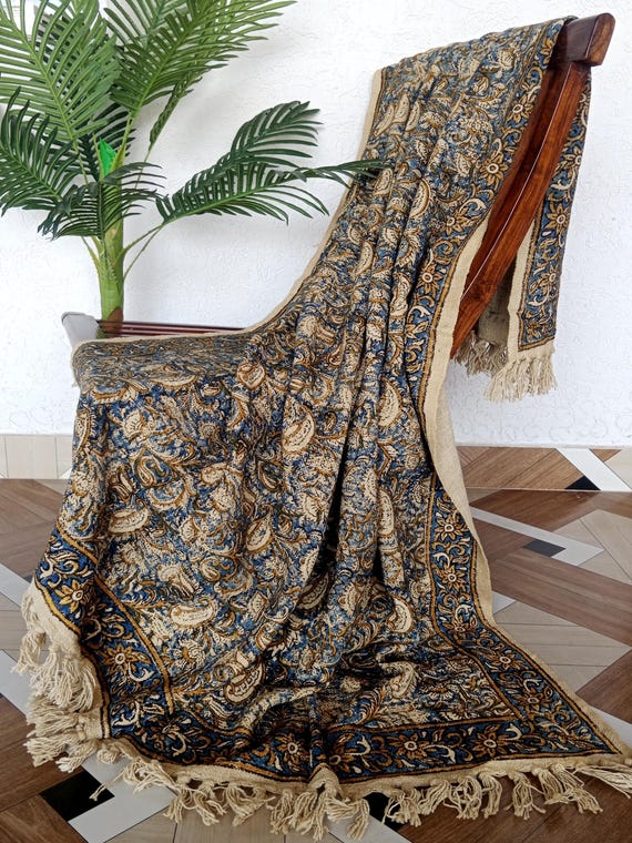 Rustic Blue and Golden Floral Cotton Throw Hand Block Print Blanket Cozy Bohemian Bedspread Indian Textile Decor