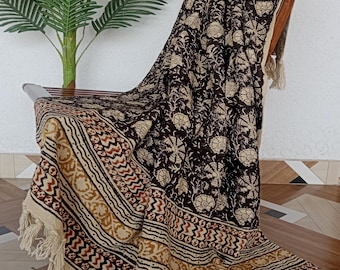 Organic Cotton Hand Block Print Throw Blanket, Indian Bohemian Bedspread Couch Cover