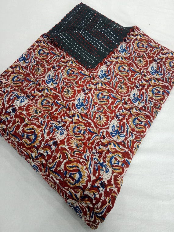 Burgundy Kantha Quilt Handmade Kantha Quilt HandBlock Print Burgundy Bedding Bedspread Burgundy Block Print Light Weight Full Size Quilt