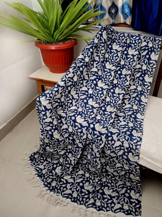 Handmade Throw Handblock print Throw Cotton Throw Blanket Tassels Hand Loomed Super Soft Block Print Cotton Sofa Throw Sofa Decor.