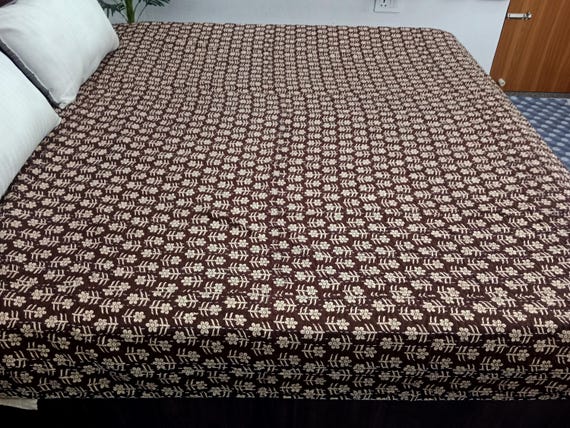 HandBlock Print Kantha Quilt Bedding Floral Handcrafted Cotton Bedspread Handmade Cotton Kantha Quilt Full Size Bedding Bedspread