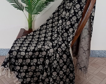 Luxury pillows and throw blanket Handmade Cotton Black Throw Blanket – Traditional Indian Hand Block Print, Boho Tassels, Premium Home Décor