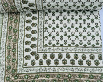 Hand Block Printed Cotton Dohar, Reversible Ivory & Green Floral AC Quilt