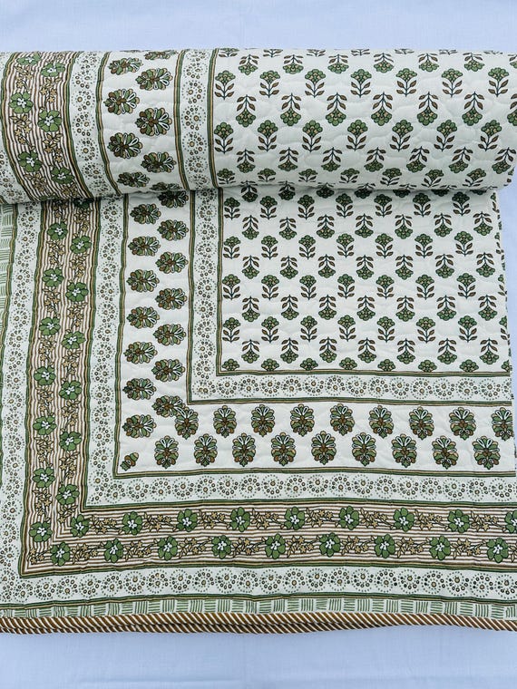 Reversible Hand Block Printed Cotton Dohar | Ivory & Green Floral Summer Quilt | Lightweight Double-Sided Throw Blanket | Boho AC Quilt