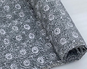 Handmade Kantha Quilt, Grey Quilt with White Floral Print, Cotton Bedspread, Lightweight Blanket, Boho Bedding, Queen Size Coverlet